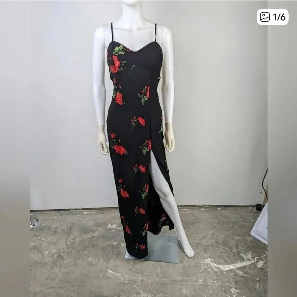 Honey and Rosie Black Maxi Dress with Red Floral Design
